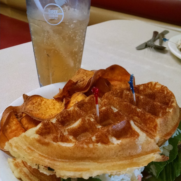 Brix Soda Ginger Ale with Chicken & Waffle sandwich at Nobel Restaurant